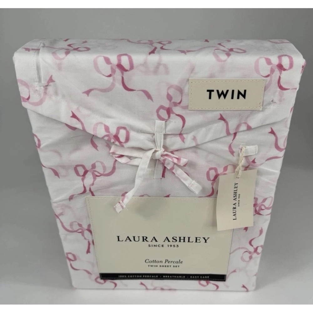 Laura Ashley ~ TWIN Pink Trailing Bows  100% Cotton Percale Breathable 3pc Set